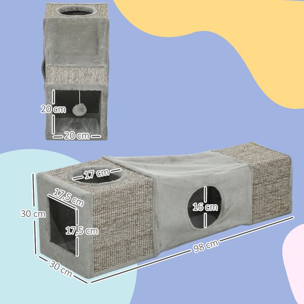 PawHut Tunnel per gatti da interno, con palla sospesa, ingressi multipli, in sisal 98 x 30 x 30 cm Grigio | Aosom Italy