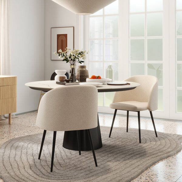 HOMCOM Set di 2 sedie Moderno da pranzo con schienale dell'imbottitura di 5 cm in tessuto e gambe in acciaio, beige nero| Aosom Italy