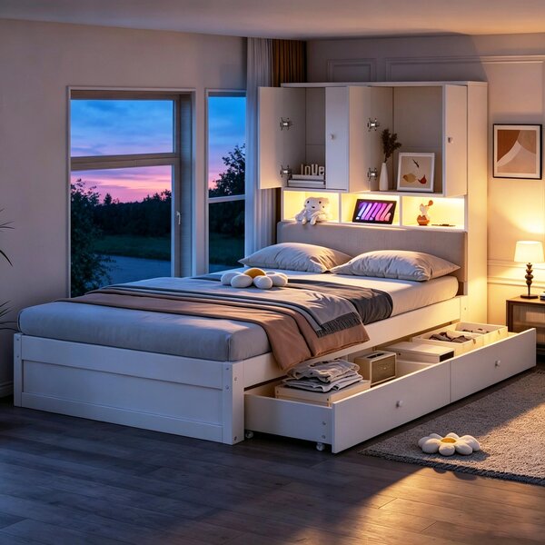 Letto imbottito 160x200 cm con spazio contenitore, 2 comodini, luce da lettura, porte USB e Type-C, rivestito in velluto color beige, struttura del letto con rete a doghe, ideale per la camera da letto