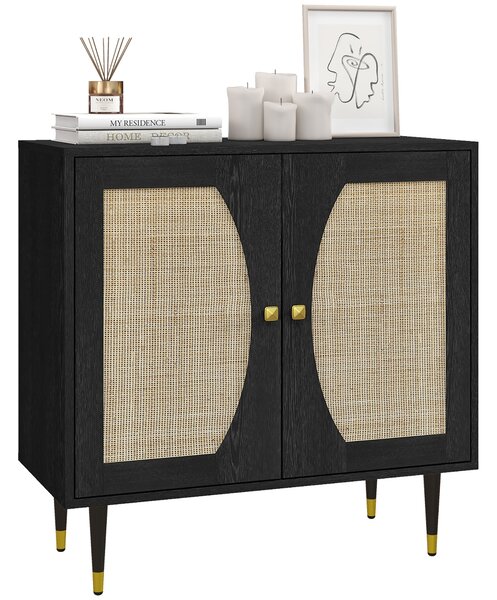 HOMCOM Buffet da cucina mobiletto di archiviazione design bohémien a doppia anta con 2 livelli, frontale in rattan 80 x 38 x 79 cm nero