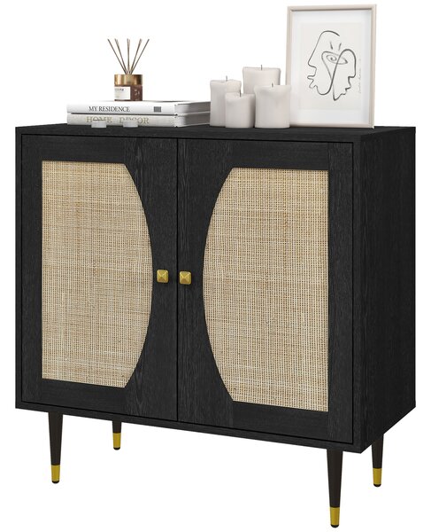 HOMCOM Buffet da cucina mobiletto di archiviazione design bohémien a doppia anta con 2 livelli, frontale in rattan 80 x 38 x 79 cm nero