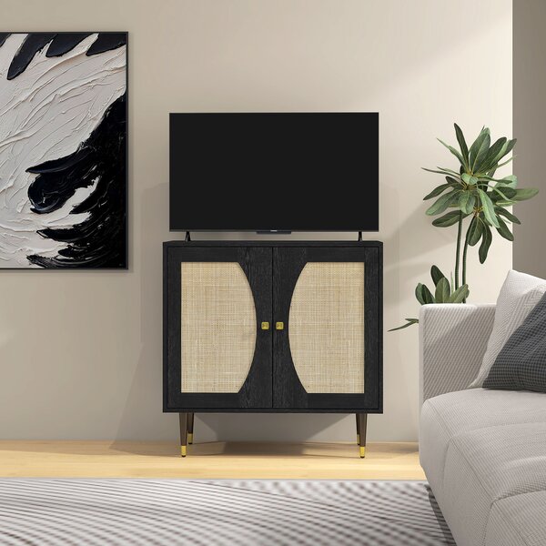 HOMCOM Buffet da cucina mobiletto di archiviazione design bohémien a doppia anta con 2 livelli, frontale in rattan 80 x 38 x 79 cm nero