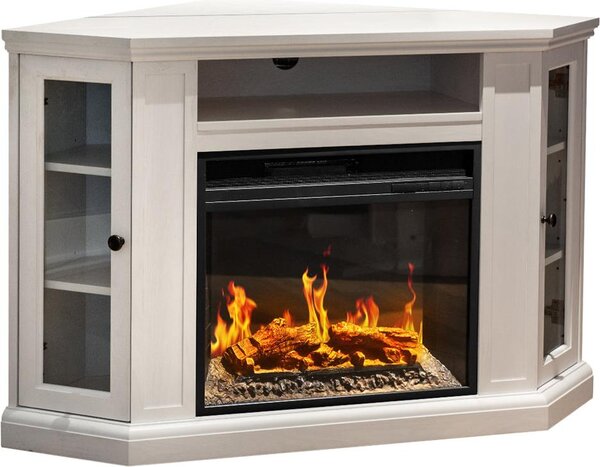 Camino elettrico caminetto da terra ad angolo MADISON in legno Bianco L126 x P78 x H83
