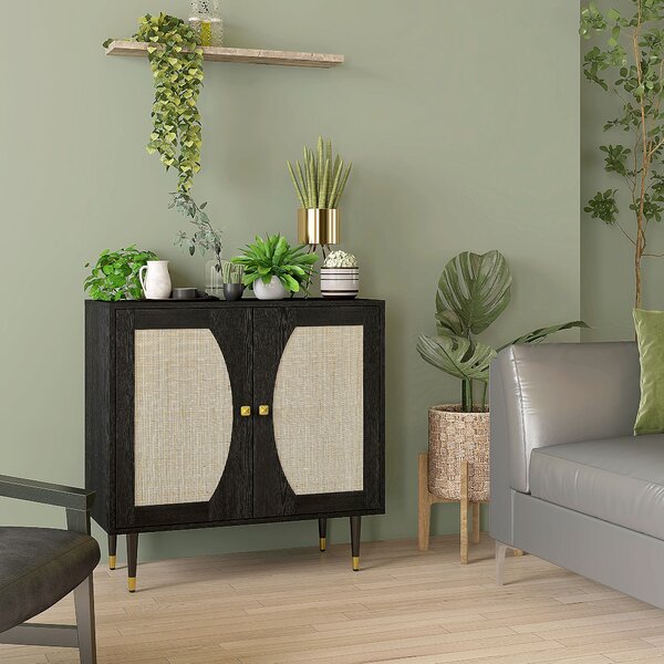 HOMCOM Buffet da cucina mobiletto di archiviazione design bohémien a doppia anta con 2 livelli, frontale in rattan 80 x 38 x 79 cm nero