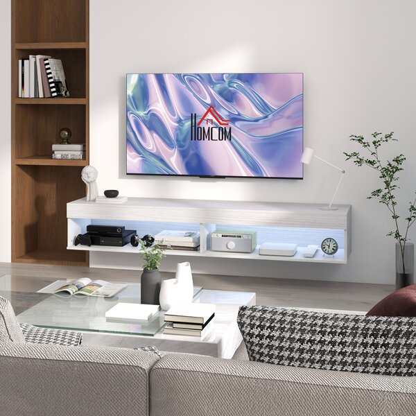 HOMCOM Mobile TV sospeso murale con illuminazione LED per TV fino a 75 pollici, ripiani, 180L x 40l x 30H cm, bianco