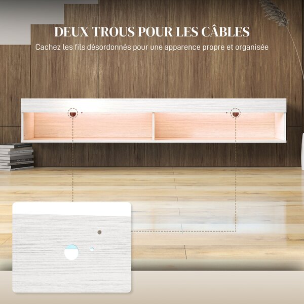 HOMCOM Mobile TV sospeso murale con illuminazione LED per TV fino a 75 pollici, ripiani, 180L x 40l x 30H cm, bianco