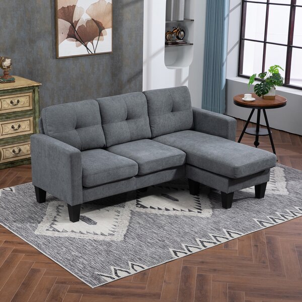 HOMCOM Divano d'angolo 3 Posti chaise longue reversibile sinistra o destra, soggiorno, grande comfort, schienale trapuntato, grigio