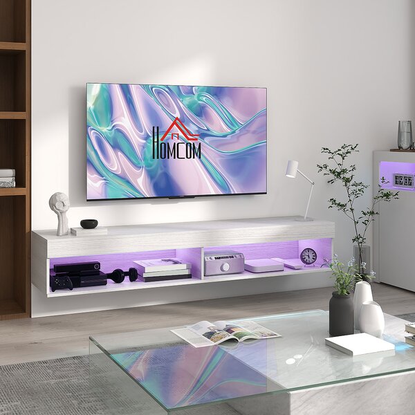 HOMCOM Mobile TV sospeso murale con illuminazione LED per TV fino a 75 pollici, ripiani, 180L x 40l x 30H cm, bianco