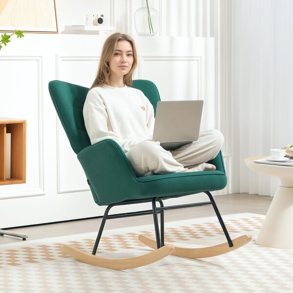 HOMCOM Poltrona a dondolo rocking chair rivestimento in velluto struttura in acciaio 71 x 98 x 101 cm Verde