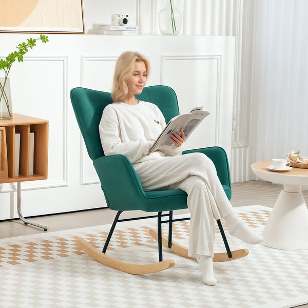HOMCOM Poltrona a dondolo rocking chair rivestimento in velluto struttura in acciaio 71 x 98 x 101 cm Verde
