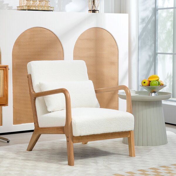 HOMCOM Poltrona lounge - 3 cuscini inclusi - seduta profonda - braccioli - struttura legno hevea - velluto crema