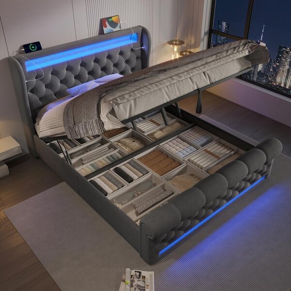 Letto imbottito 160x200 cm con illuminazione LED nella testata e nel piede, letto con sistema di sollevamento idraulico e dotato di prese USB e di tipo C, rivestito in velluto grigio, ideale per la camera da letto