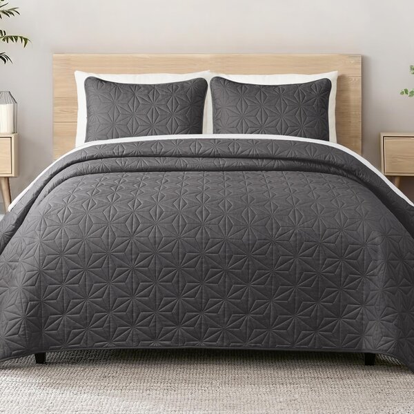 Copriletto trapuntato grigio a motivi a waffle, 220x240 cm, con 2 federe