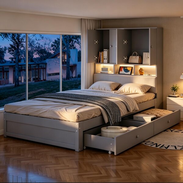 Letto imbottito 180x200 cm con contenitore, 2 comodini, luce da lettura, porte USB e di tipo C, rivestito in velluto color beige, struttura del letto con rete a doghe, ideale per la camera da letto