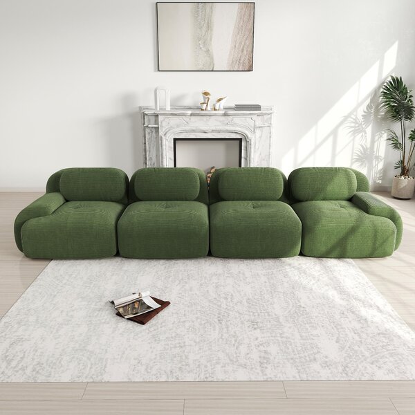 Divano a 4 posti in tessuto corduroy, colore verde, divano angolare modulare senza struttura, imbottitura ad alta elasticità (32D), ideale per chi ha animali domestici, dimensioni: 388x103x70 cm