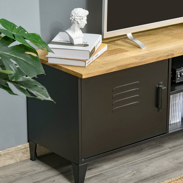 HOMCOM Mobile TV Mobile TV per TV fino a 55'' con 2 Armadietti Piedi Regolabili Telaio in Metallo Nero Piano in Legno Naturale 150 x 40 x 50 cm