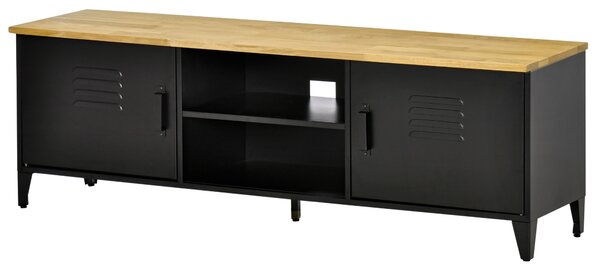 HOMCOM Mobile TV Mobile TV per TV fino a 55'' con 2 Armadietti Piedi Regolabili Telaio in Metallo Nero Piano in Legno Naturale 150 x 40 x 50 cm