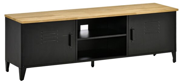 HOMCOM Mobile TV Mobile TV per TV fino a 55'' con 2 Armadietti Piedi Regolabili Telaio in Metallo Nero Piano in Legno Naturale 150 x 40 x 50 cm
