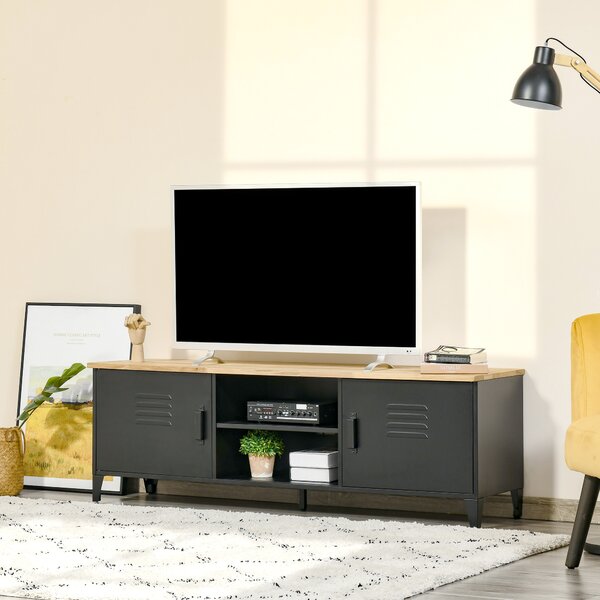HOMCOM Mobile TV Mobile TV per TV fino a 55'' con 2 Armadietti Piedi Regolabili Telaio in Metallo Nero Piano in Legno Naturale 150 x 40 x 50 cm
