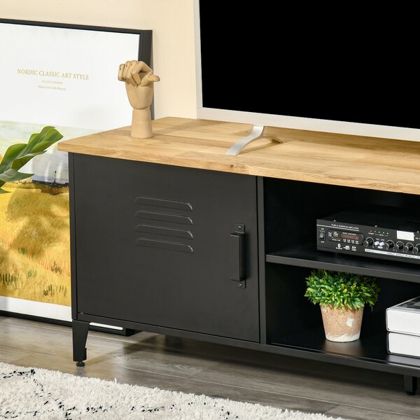 HOMCOM Mobile TV Mobile TV per TV fino a 55'' con 2 Armadietti Piedi Regolabili Telaio in Metallo Nero Piano in Legno Naturale 150 x 40 x 50 cm