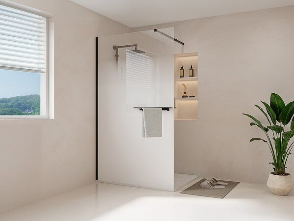 Parete per doccia walk-in effetto nebbia con portasciugamani e scaffali 120 x 200 cm Nero opaco - POMARO