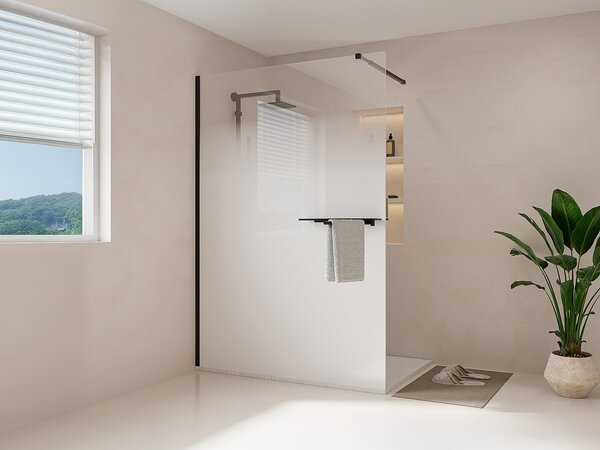 Parete per doccia walk-in effetto nebbia con portasciugamani e scaffali 140 x 200 cm Nero opaco - POMARO
