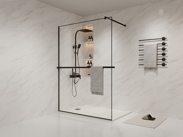 Parete per doccia walk-in con portasciugamani e scaffale 140 x 200 cm Nero opaco - BONPERO