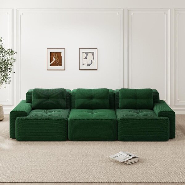 Divano modulare imbottito, colore verde, 3 posti, rivestito in corda, ideale per il soggiorno, dimensioni 293x104x69 cm, tessuto resistente ai graffi, non richiede montaggio