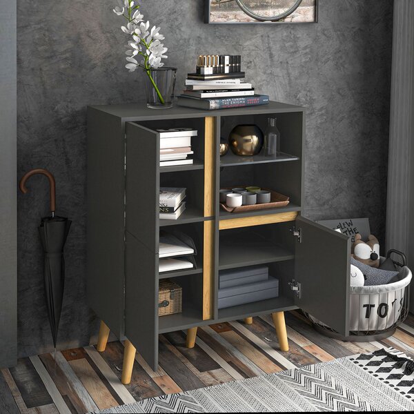HOMCOM Mobiletto da salotto design moderno con mensole regolabili e piedi in legno massiccio 70 x 40 x 96,1 cm grigio scuro