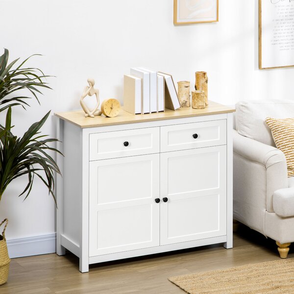 HOMCOM Credenza mobile da stoccaggio 2 porte con mensola regolabile in altezza 2 cassetti 100 x 40 x 85 cm bianco e effetto legno