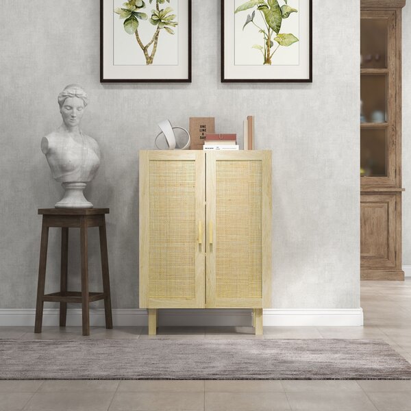 HOMCOM Buffet alto mobile di archiviazione design bohémien doppie ante con 3 ripiani in midollino - 73 x 41 x 102 cm