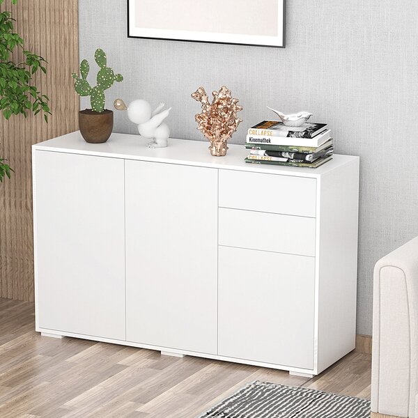 HOMCOM Buffet mobile portaoggetti 2 cassetti scorrevoli 3 porte ripiano regolabile pannelli di particelle 117 x 36 x 74 cm bianco