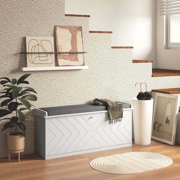 HOMCOM Panca per scarpe con cassetto ribaltabile, cuscino per seduta e ripiano regolabile, 100 x 26 x 44,5 cm, bianco