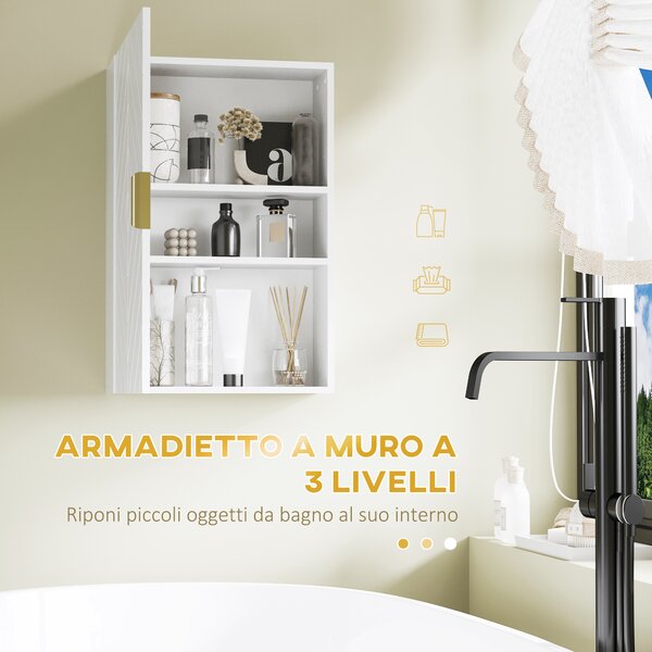 Kleanking Armadietto Bagno a Muro con Anta Decorata, Maniglia Dorata e Ripiani Regolabili, 40x15x60 cm, Bianco | Aosom Italy