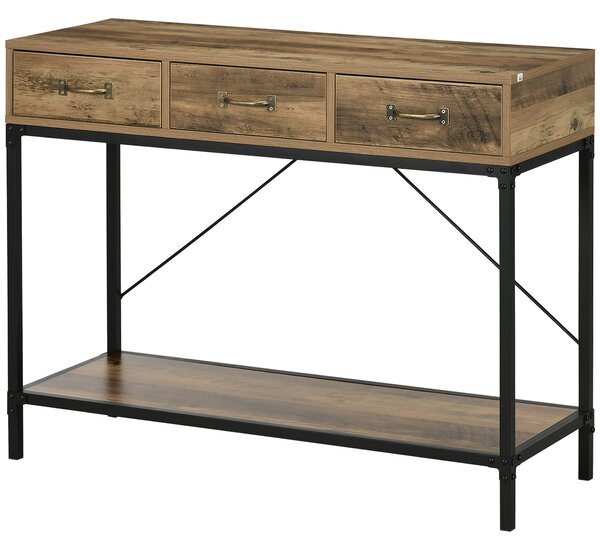 HOMCOM Consolle tavolo d'appendere d'ingresso industriale 3 cassetti 1 ripiano effetto legno 100 x 35 x 76,5 cm marrone chiaro nero