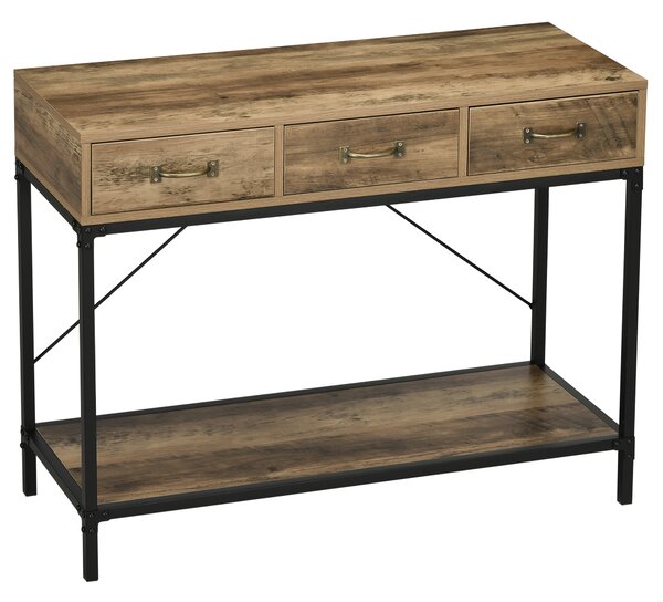 HOMCOM Consolle tavolo d'appendere d'ingresso industriale 3 cassetti 1 ripiano effetto legno 100 x 35 x 76,5 cm marrone chiaro nero