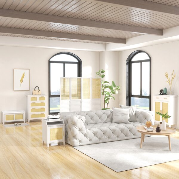 HOMCOM Panca porta scarpe mobile contenitore con porta scorrevole e frontali in vimini intrecciato 80 x 35 x 45 cm bianco