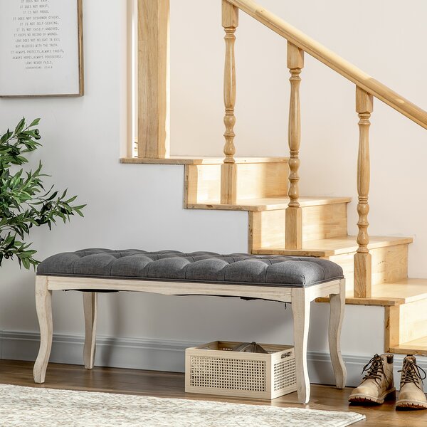 HOMCOM Panca Imbottita in Stile Classico, 110 cm, con Base in Legno di Caucciù Intagliato, Rivestimento in Lino, Grigio