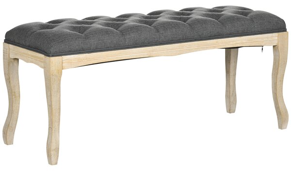HOMCOM Panca Imbottita in Stile Classico, 110 cm, con Base in Legno di Caucciù Intagliato, Rivestimento in Lino, Grigio
