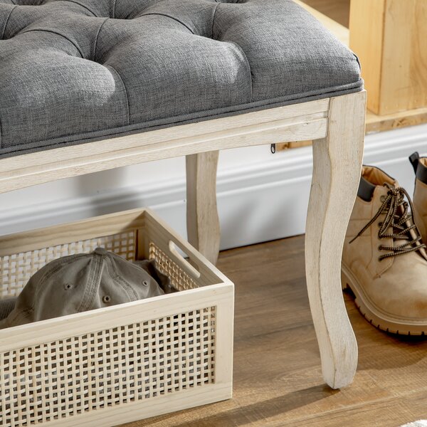 HOMCOM Panca Imbottita in Stile Classico, 110 cm, con Base in Legno di Caucciù Intagliato, Rivestimento in Lino, Grigio