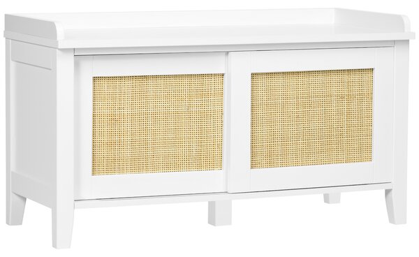 HOMCOM Panca porta scarpe mobile contenitore con porta scorrevole e frontali in vimini intrecciato 80 x 35 x 45 cm bianco