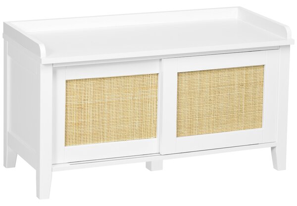 HOMCOM Panca porta scarpe mobile contenitore con porta scorrevole e frontali in vimini intrecciato 80 x 35 x 45 cm bianco