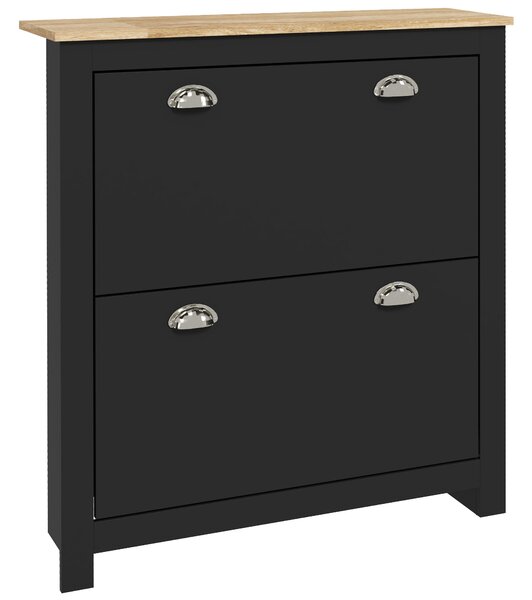 HOMCOM Armadio per scarpe 2 ante ribaltabili 2 scomparti maniglie a conchiglia in metallo 79 x 23 x 90,5 cm nero rovere