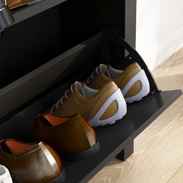 HOMCOM Armadio per scarpe 2 ante ribaltabili 2 scomparti maniglie a conchiglia in metallo 79 x 23 x 90,5 cm nero rovere