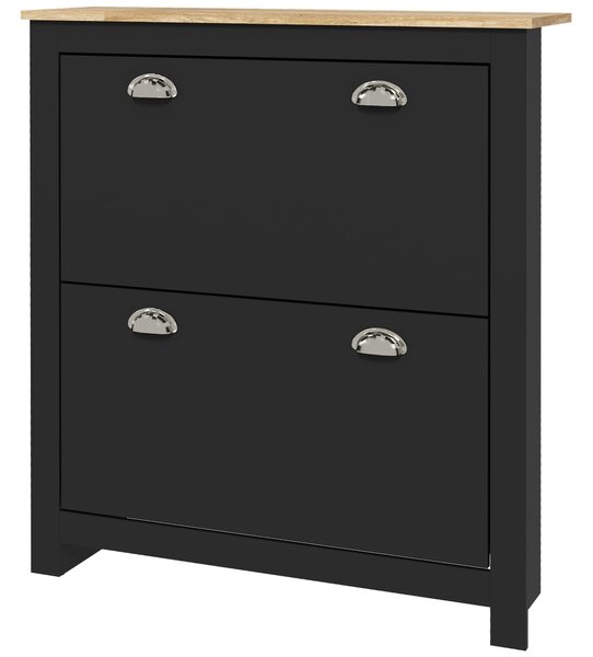 HOMCOM Armadio per scarpe 2 ante ribaltabili 2 scomparti maniglie a conchiglia in metallo 79 x 23 x 90,5 cm nero rovere