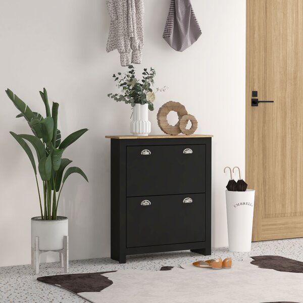 HOMCOM Armadio per scarpe 2 ante ribaltabili 2 scomparti maniglie a conchiglia in metallo 79 x 23 x 90,5 cm nero rovere