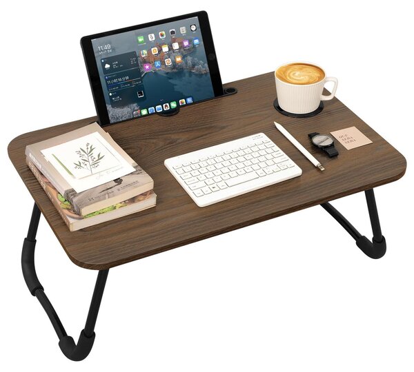 Tavolino pieghevole per laptop - Scrivania da letto in legno con portabicchieri e supporto per tablet