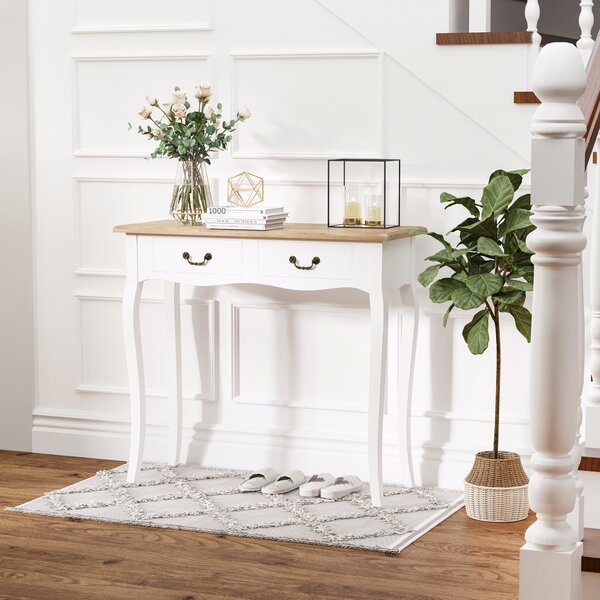 HOMCOM Console da Tavolo Consolle per Ingresso Stile Messicano con 2 cassetti dim. 87L x 34P x 78H cm in MDF e Legno Massiccio di Pino Chiaro Bianco