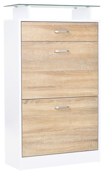 HOMCOM Armadio per Scarpe Mobile per Scarpe 2 Ante ribaltabili 2 Compartimenti, cassetto, Piatto in Vetro - Legno rovere Bianco