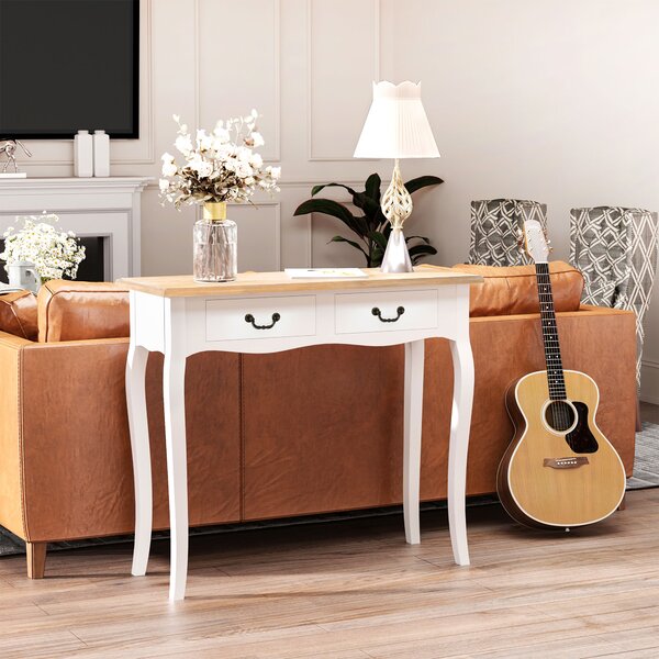 HOMCOM Console da Tavolo Consolle per Ingresso Stile Messicano con 2 cassetti dim. 87L x 34P x 78H cm in MDF e Legno Massiccio di Pino Chiaro Bianco